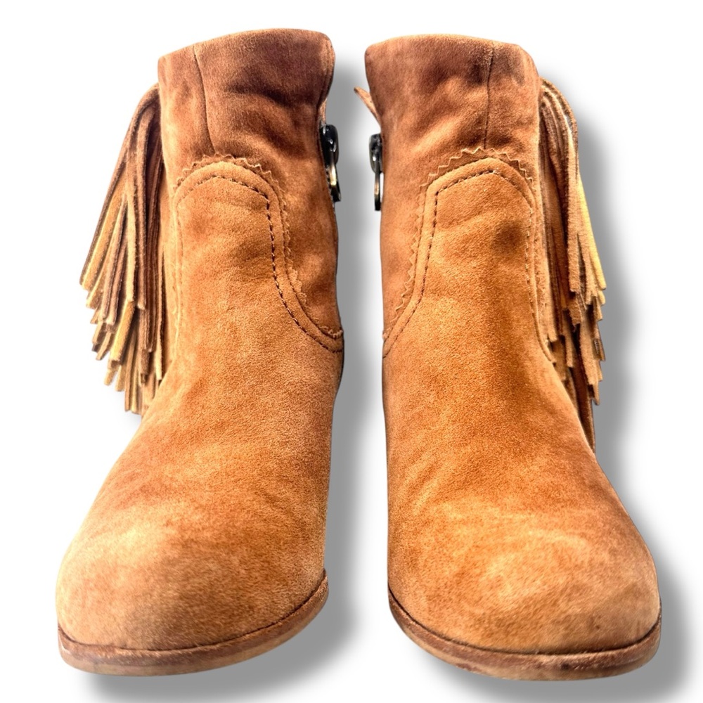 Sam Edelman Louie Womens Tan Suede Metallic Gold Fringe Booties Side Zip Sz 7.5 - Picture 6 of 16